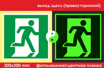 E01-02 выход здесь (правосторонний) (ГОСТ 34428-2018, фотолюминесцентная пленка, 200х200 мм) - Знаки безопасности - Фотолюминесцентные знаки - Магазин охраны труда и техники безопасности stroiplakat.ru